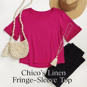 Chico’s 100% Linen Fuchsia Fringe Sleeve Short Sleeve Top Size 2 L